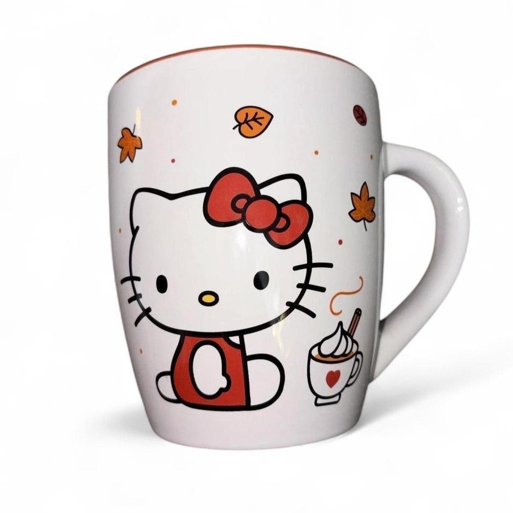 Sanrio Hello Kitty Pumpkin Spice Coffee Mug 25 Oz White Fall Leaves Ceramic